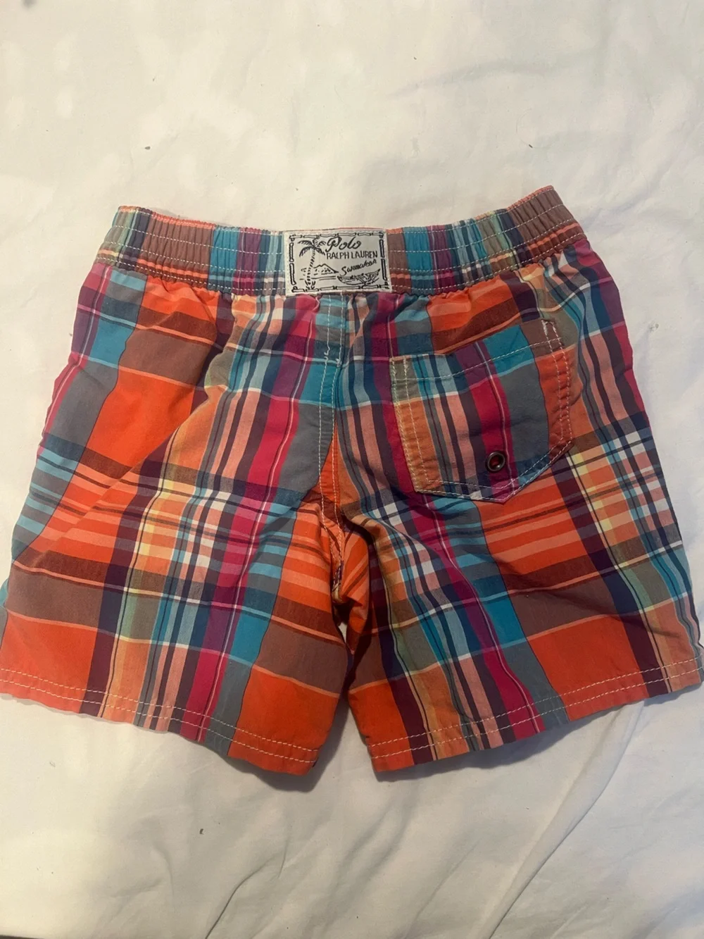 Polo by Ralph Lauren Orange Plaid Kids Swim Trunks with Blue Drawstring